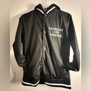Assholes Live Forever Black Graphic Bomber Jacket with White Script